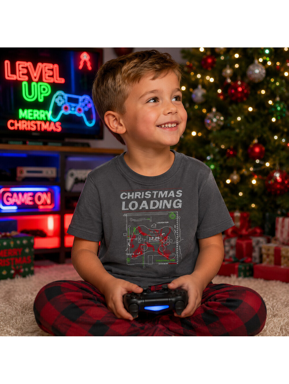 Dot & Zazz Boy's Shirt "Christmas Loading" Gray Video Gaming Graphic Tee XS 4-5